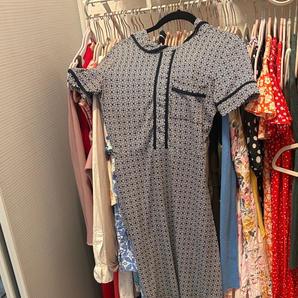 Navy Geometric Short Sleeve Midi Dress